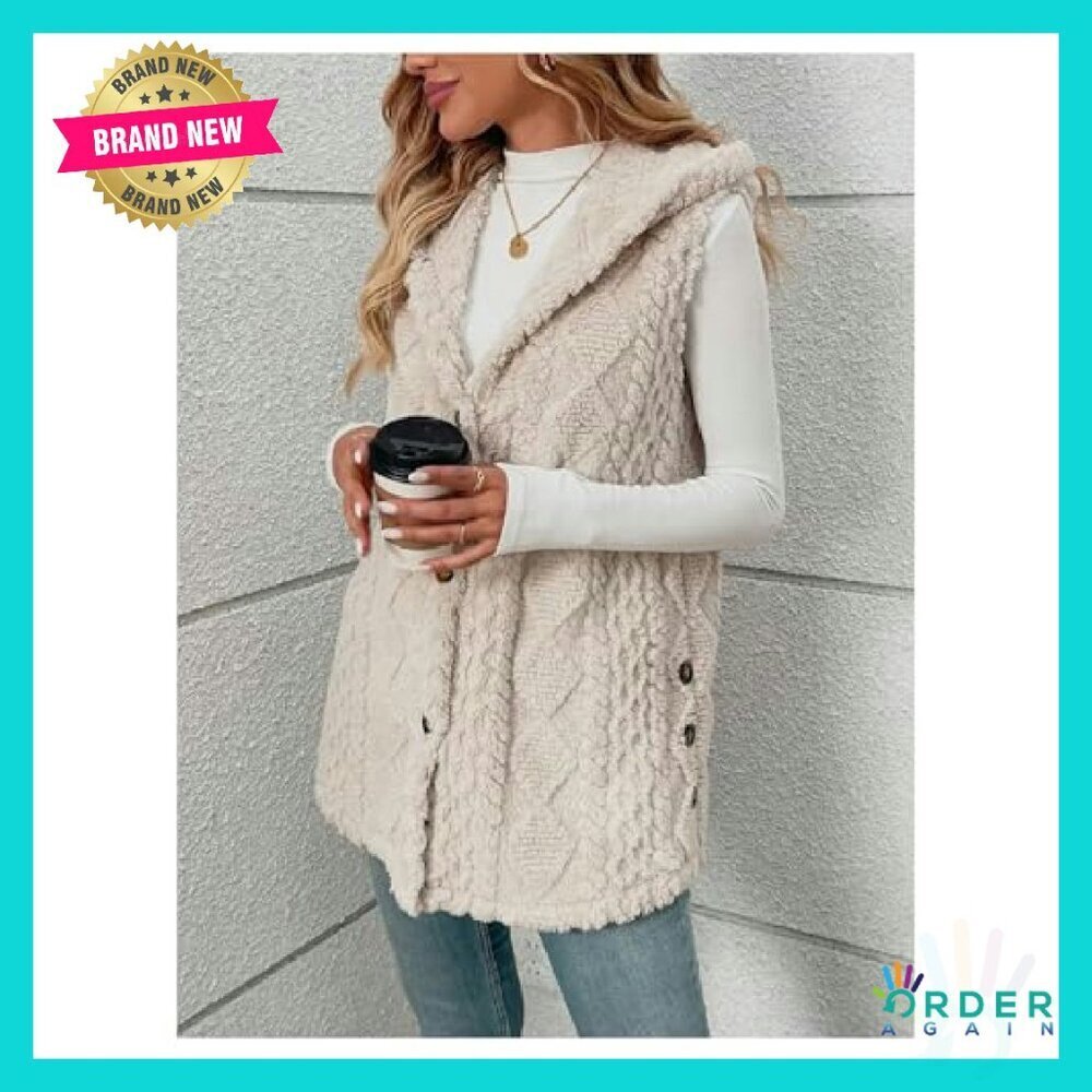 Women's Fleece Hooded Vest Sleeveless Cardigan Coat Chic Winter Outerwear - Picture 4 of 6